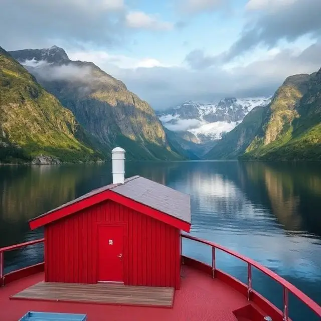 Majestic Norwegian fjords with a small red cabin