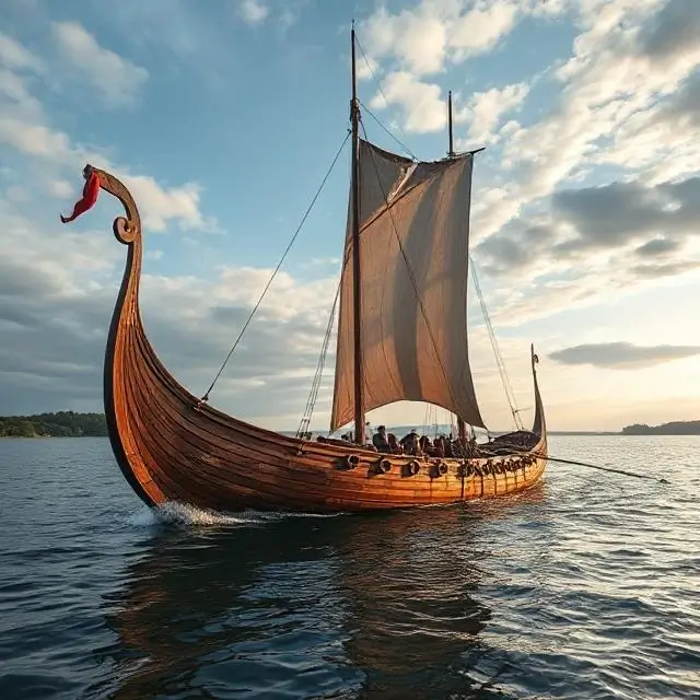 A reconstructed Viking longship on the water