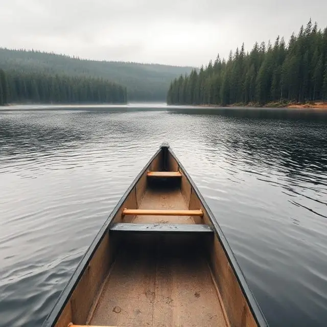 A canoe on a calm lake in a vast Swedish forest